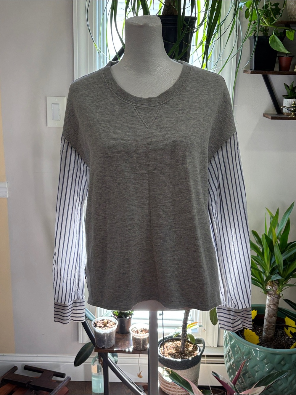 Loft Grey Sweater with Striped Sleeves size M
